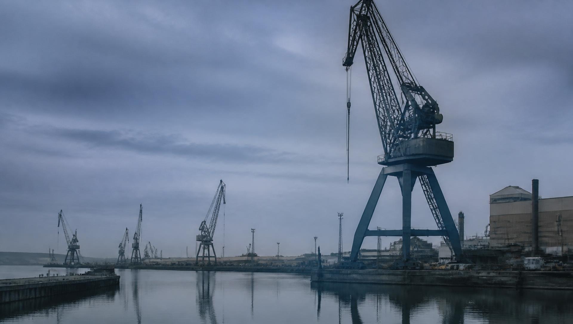 Industrial cranes at the Gothenburg harbour at first light